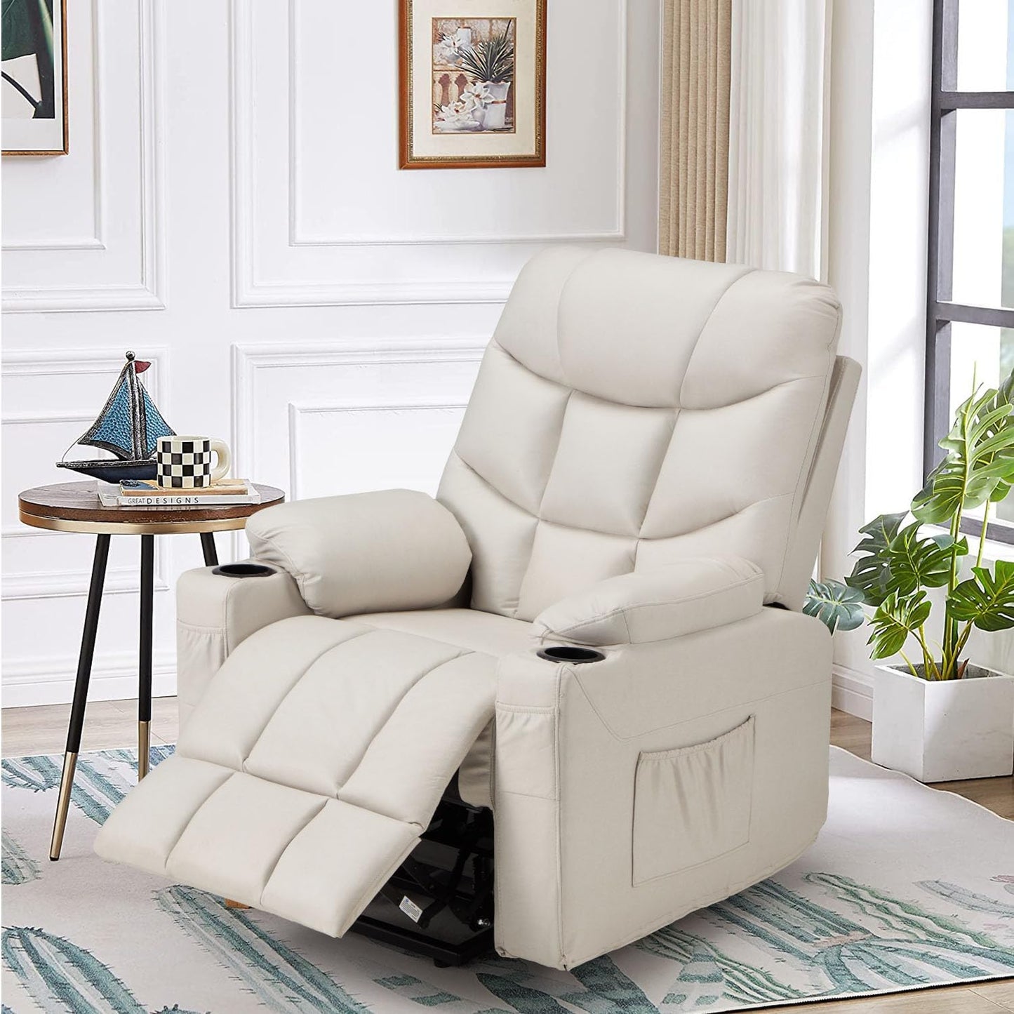 YODOLLA Massage Power Lift Recliner for Elderly, Faux Leather, Cream White