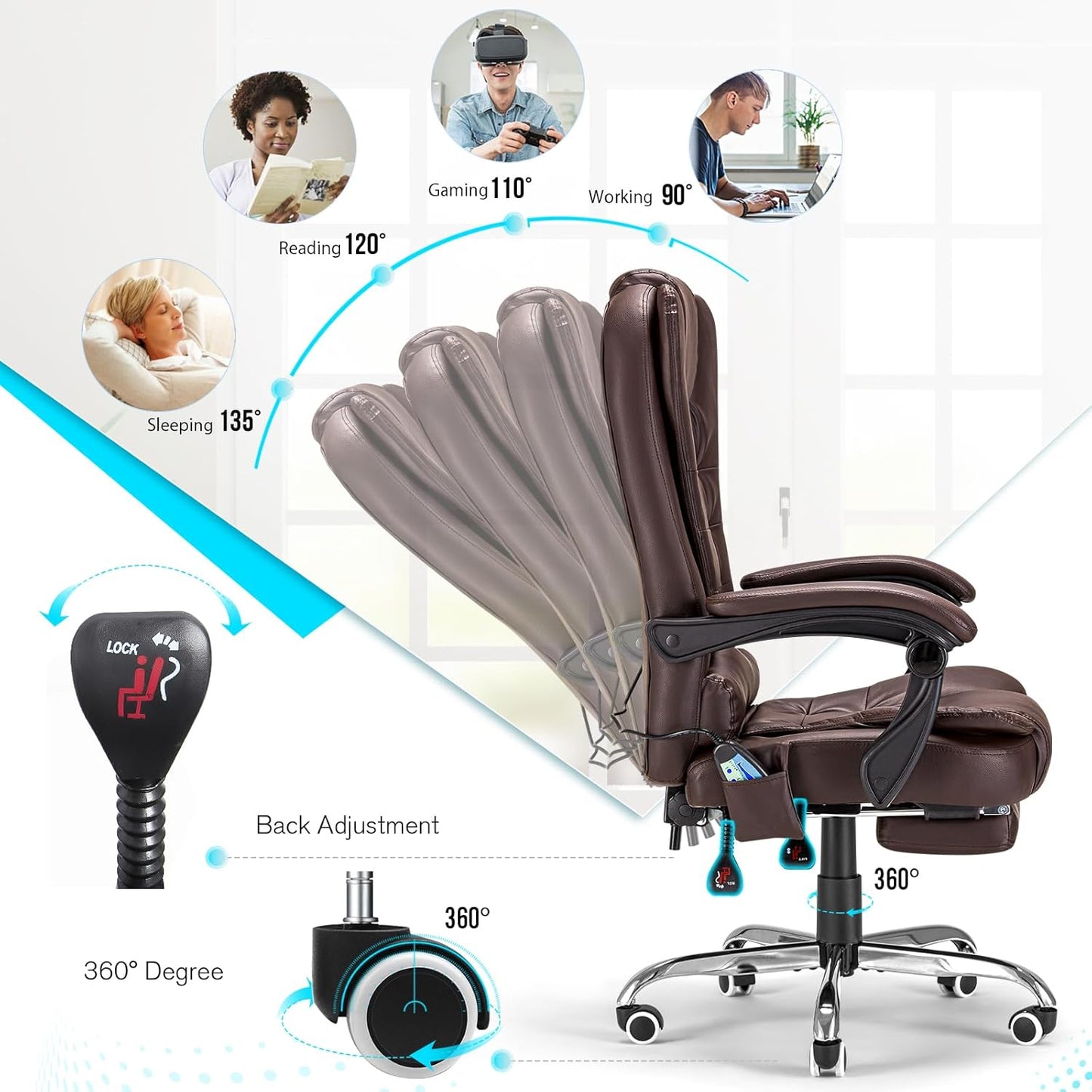 YODOLLA Massage Office Chair with Heat w/Retractable Footrest, Brown