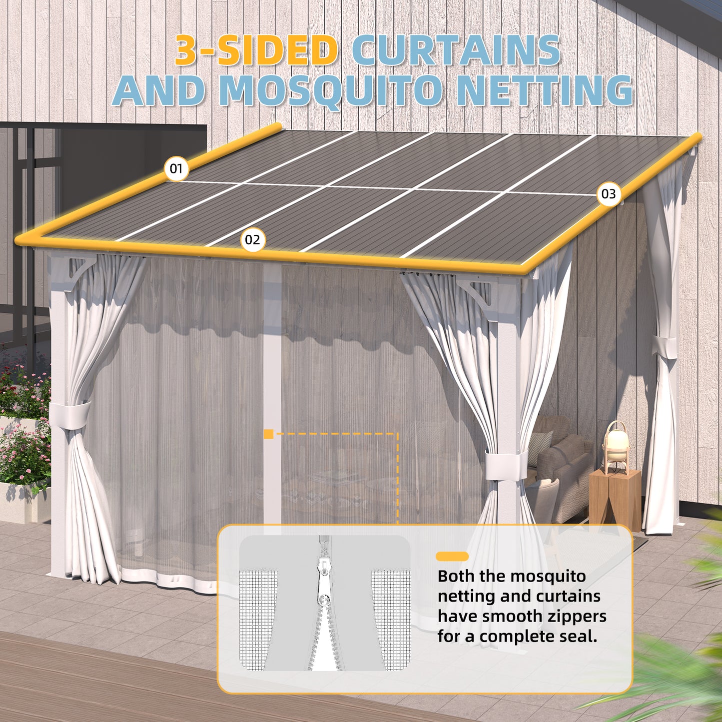 YODOLLA 10'x10' Outdoor Lean to Gazebo Pergola with Curtain and Netting for Patio, White