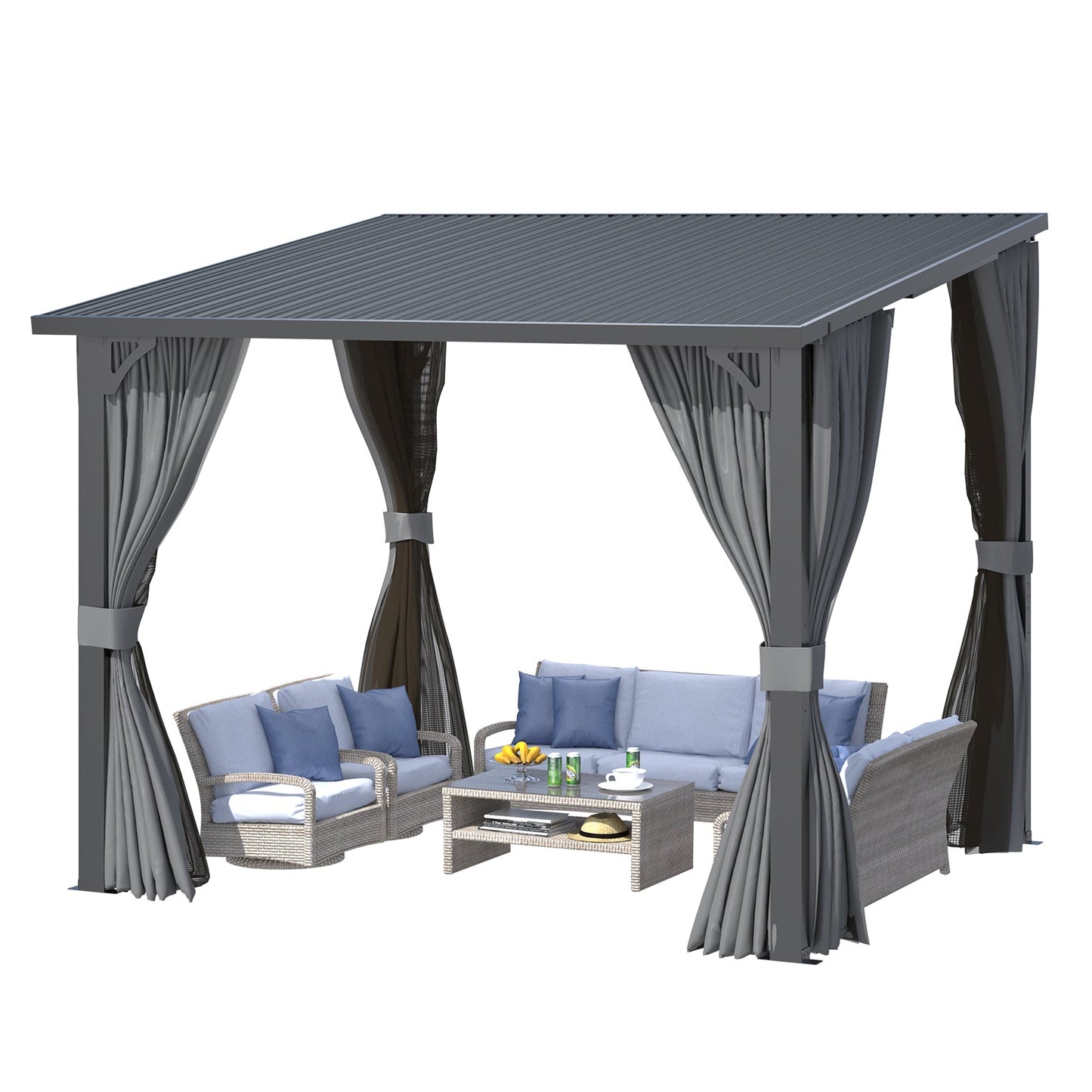 YODOLLA 10x8 Outdoor Pergola Hardtop Gazebo with Curtains and Netting for Patio