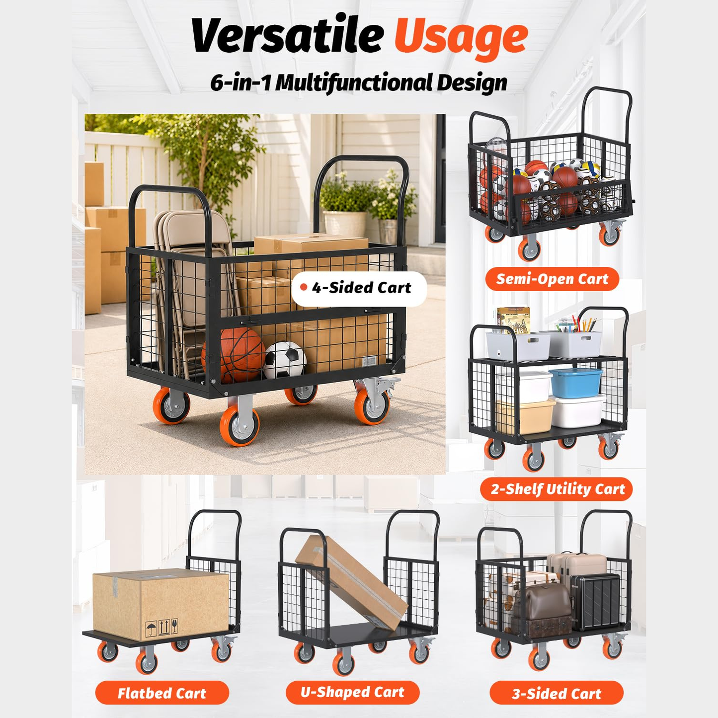 YODOLLA 6-in-1 Foldable Platform Truck Cart with Cage and Swivel Wheels