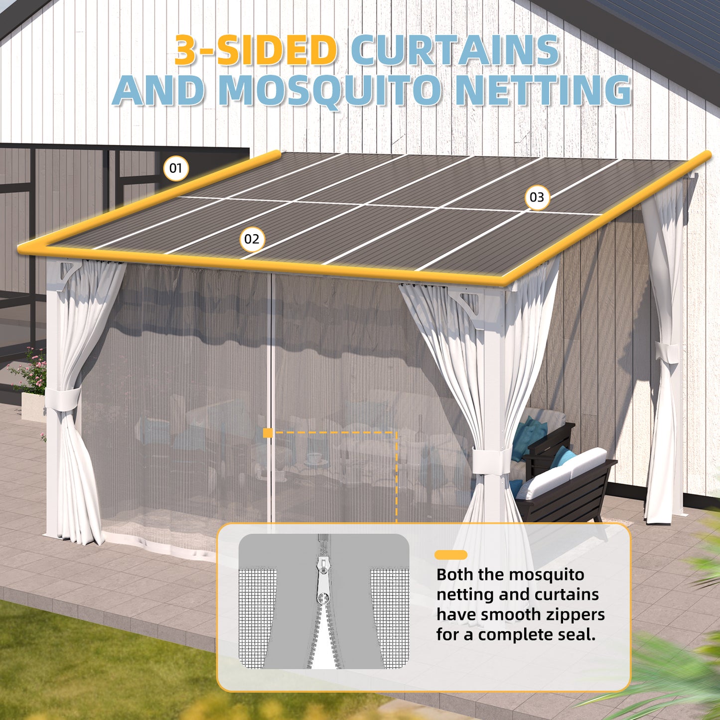 YODOLLA 12'x8' Outdoor Lean to Gazebo Pergola with Curtain and Netting for Patio, White