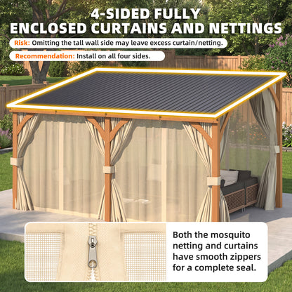 YODOLLA 10x10 Outdoor Wooden Pergola Gazebo with Curtains and Netting for Patio