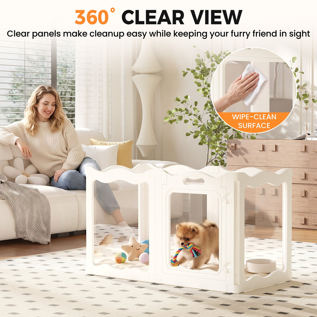 YODOLLA Pet Clear Acrylic Dog Playpen Indoor w/Door, 24" H, 6 Panels, White