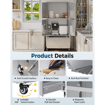YODOLLA 58.3" Stainless Steel Storage Cabinet Tall Kitchen Pantry Cabinet