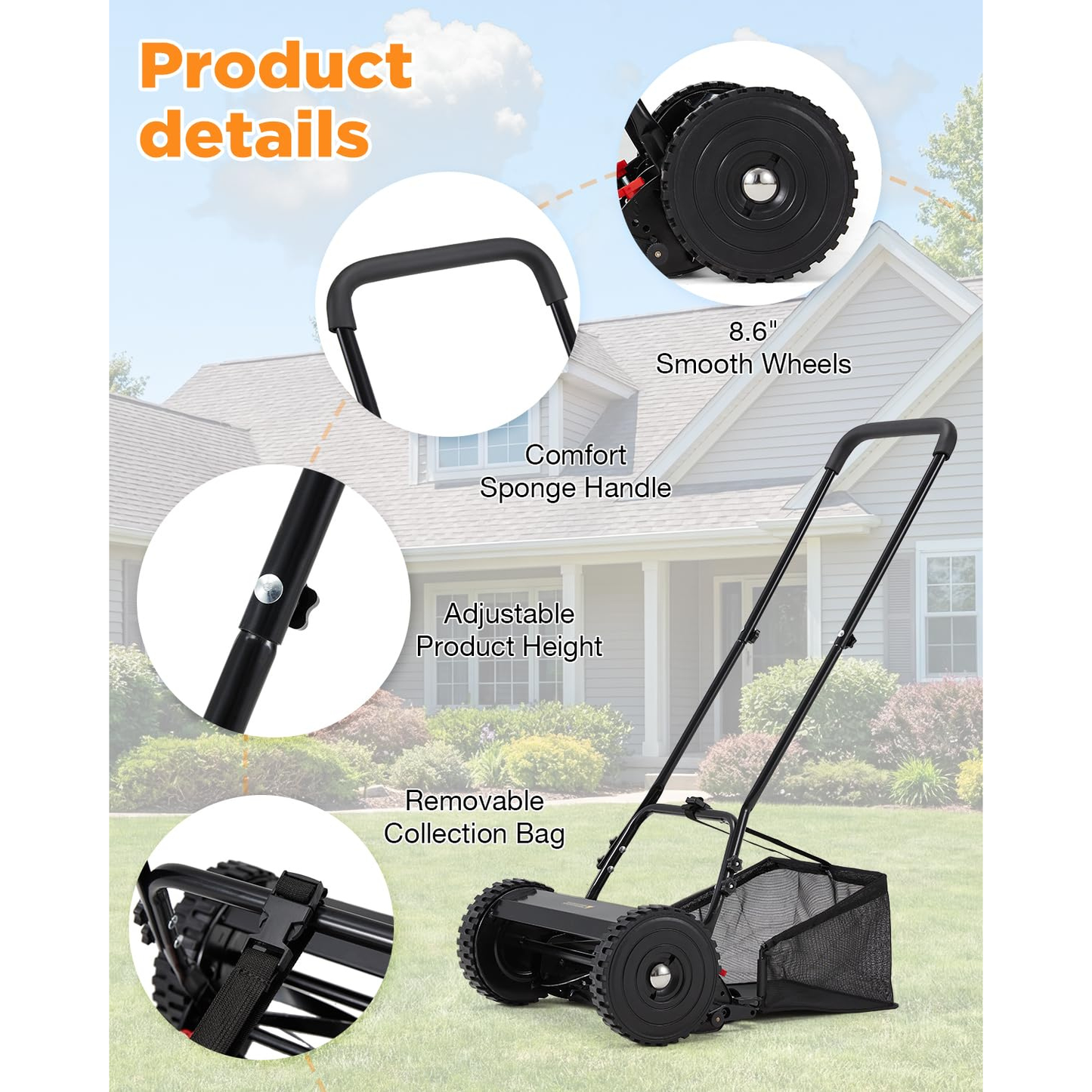 YODOLLA 14-Inch Manual Lawn Mower, 5 Blades Push Reel Lawn Mower