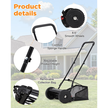 YODOLLA 14-Inch Manual Lawn Mower, 5 Blades Push Reel Lawn Mower