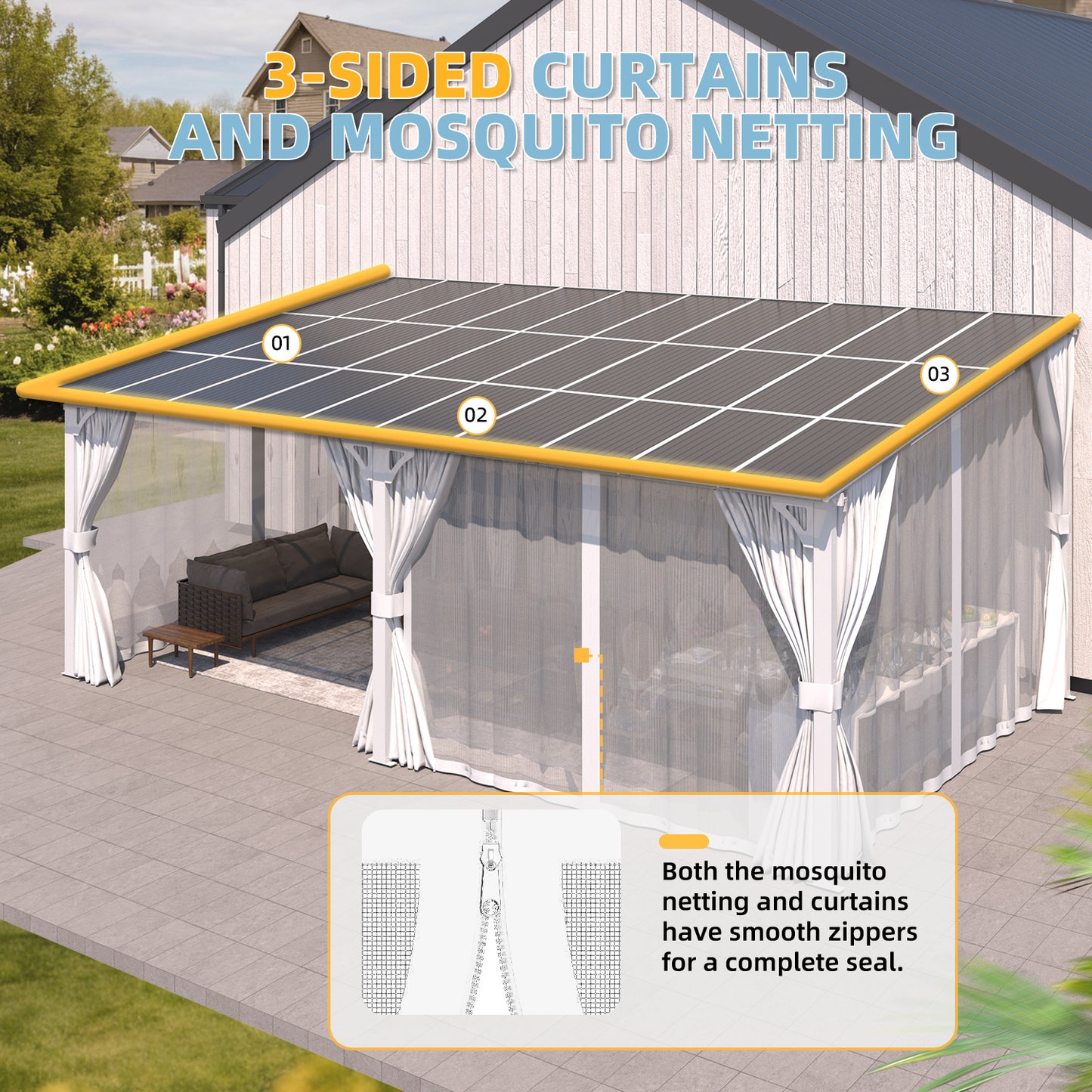 YODOLLA 20' x 8' Outdoor Lean to Gazebo Pergola with Curtain and Netting for Patio, White