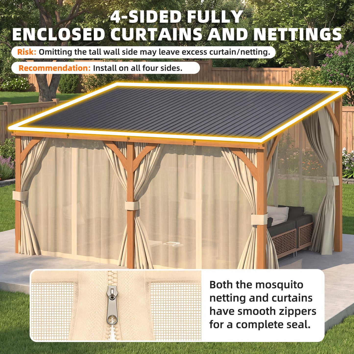 YODOLLA 20x10 Outdoor Wooden Pergola Gazebo with Curtains and Netting for Patio