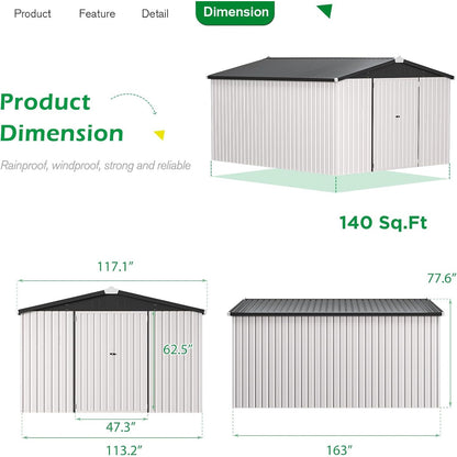 YODOLLA 10x14 Metal Outdoor Storage Garden Shed, White