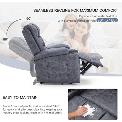 YODOLLA Wide Armrests Electric Recliner Nursery Chair, Faux Leather, Gray Blue