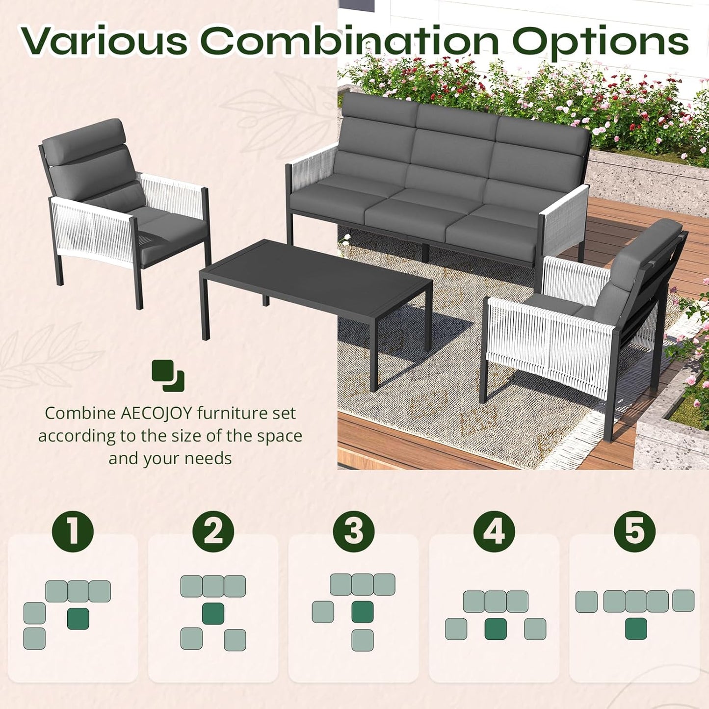 YODOLLA 4 Pieces Aluminum Patio Furniture Set with PE Rope Armrest, Dark Grey