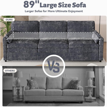 YODOLLA 89" Chenille Sofa, 3-Seater, 2 Removable Pillows, Black
