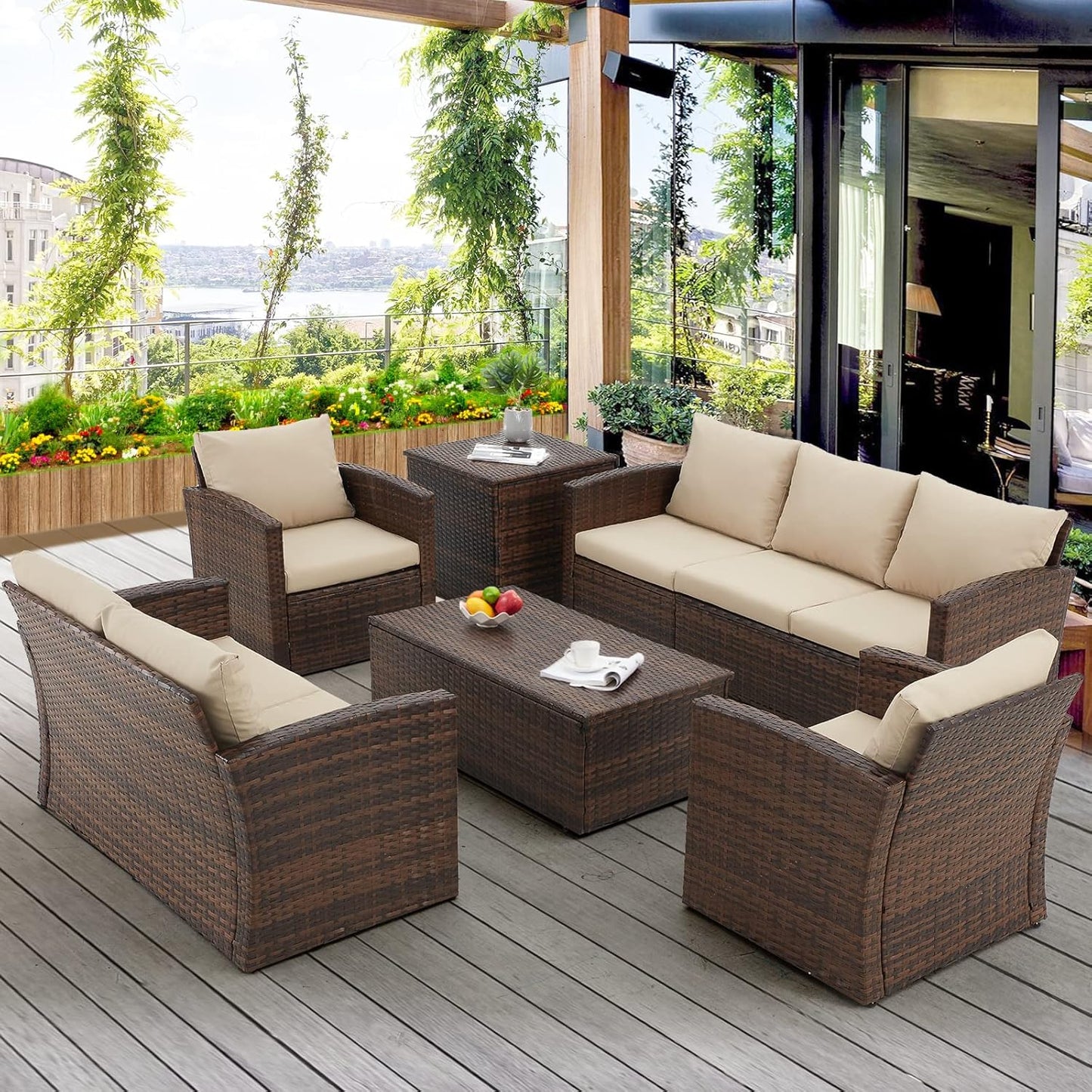 YODOLLA 7 Pieces Patio Furniture with Two Storage Boxes, Brown & Beige