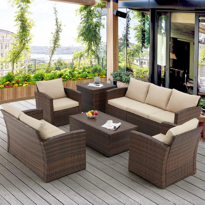YODOLLA 7 Pieces Patio Furniture with Two Storage Boxes, Brown & Beige
