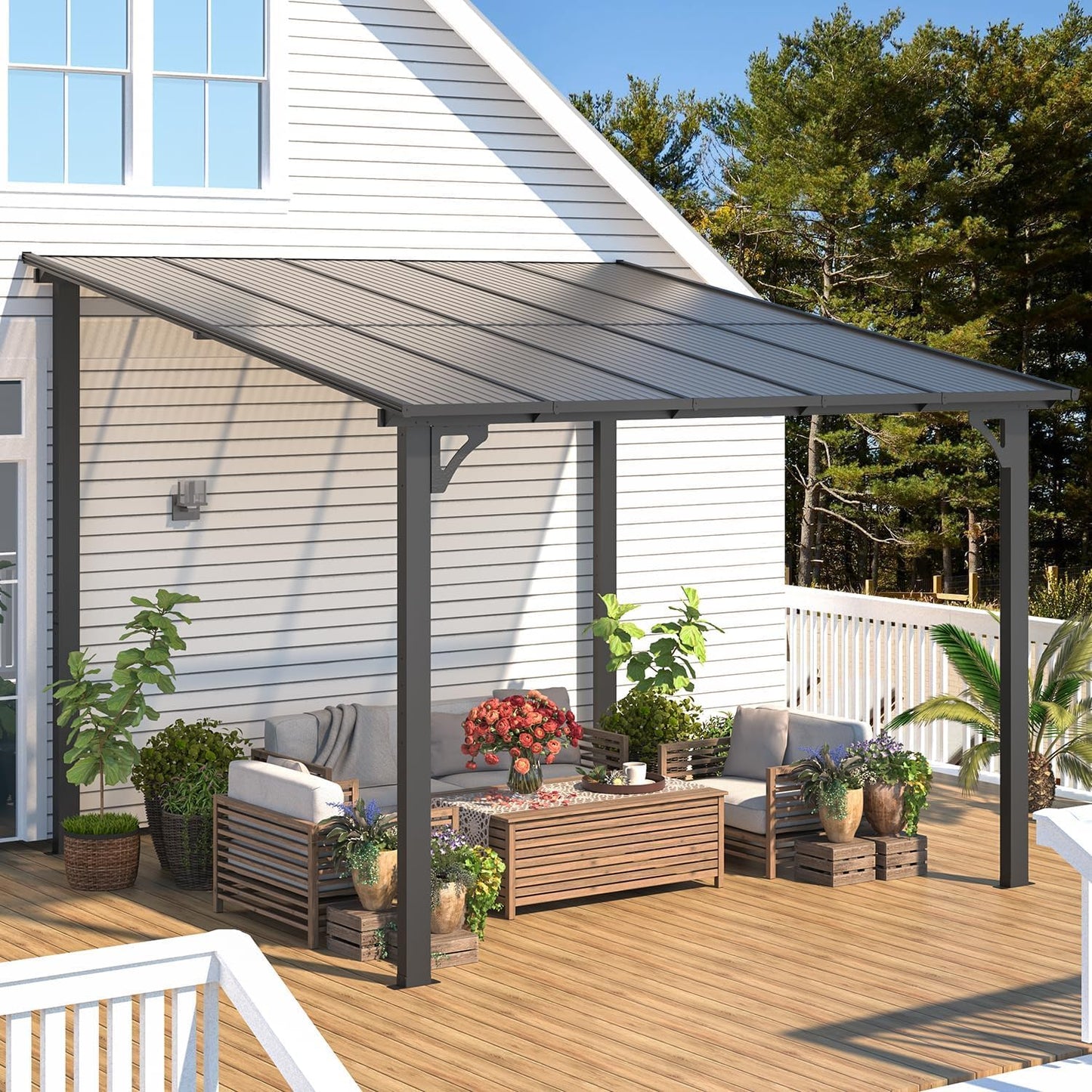 YODOLLA 14' x 12' Outdoor Pergola, Large Wall-Mounted Hard Top Gazebo, Dark Gray