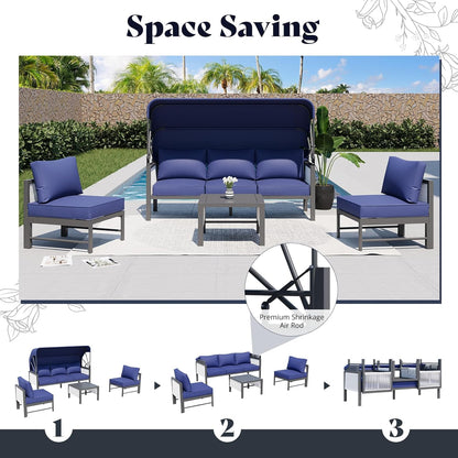 YODOLLA 4 Pieces Aluminum Patio Furniture Set, Retractable Canopy, Dark Blue