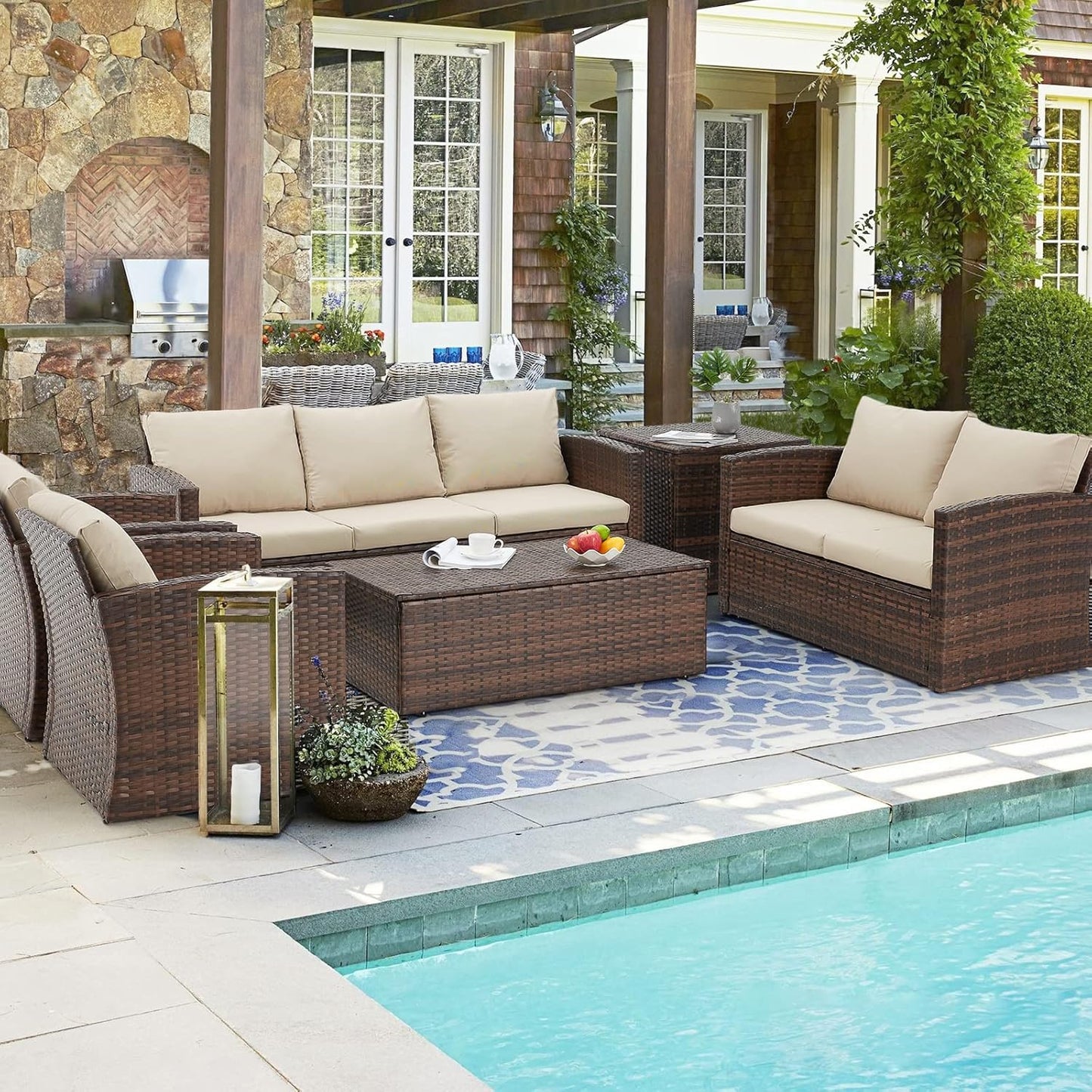YODOLLA 7 Pieces Patio Furniture with Two Storage Boxes, Brown & Beige