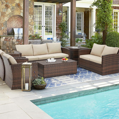 YODOLLA 7 Pieces Patio Furniture with Two Storage Boxes, Brown & Beige