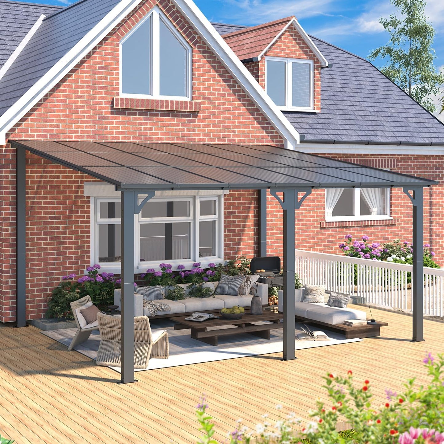 YODOLLA 14' x 12' Outdoor Pergola, Large Wall-Mounted Hard Top Gazebo, Dark Gray