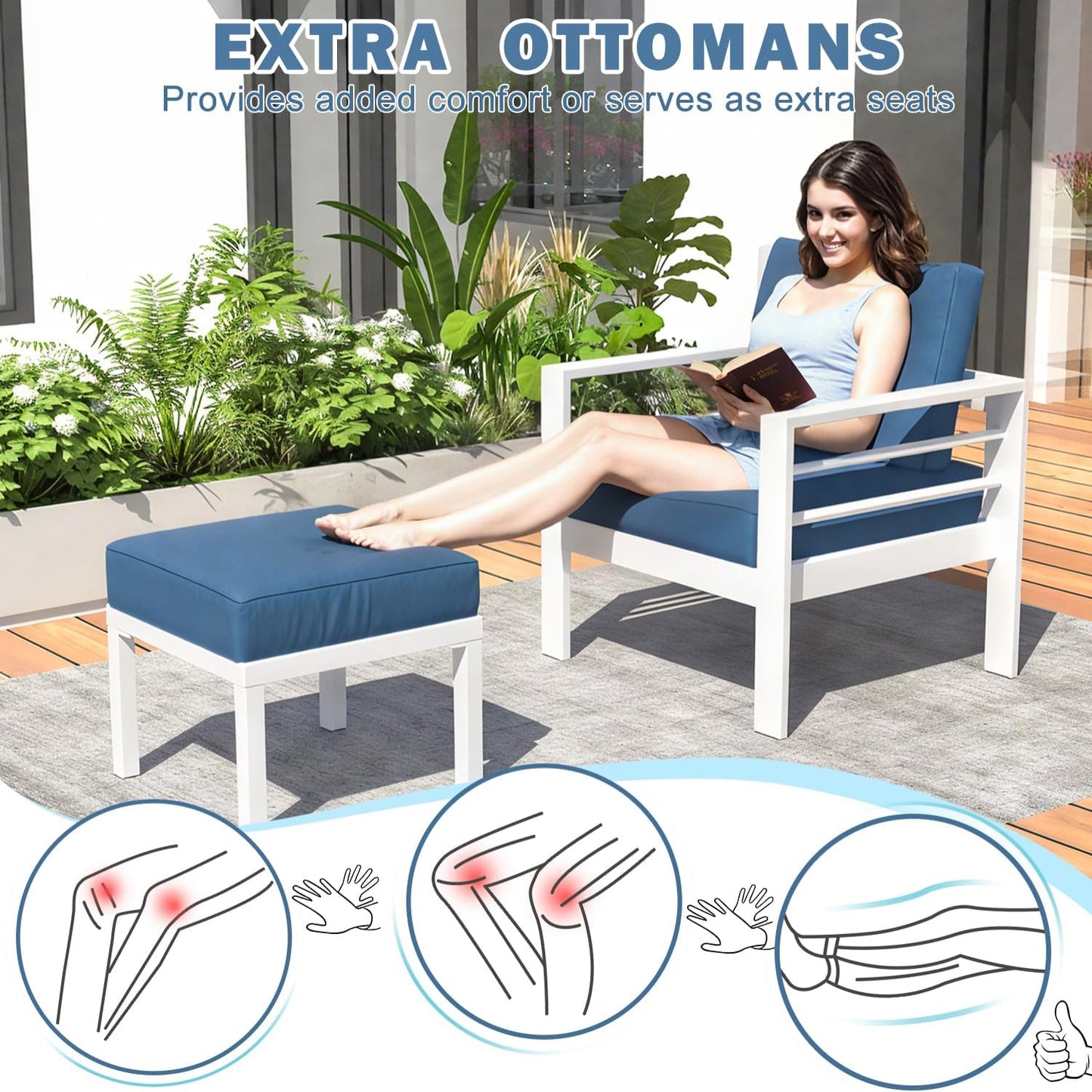 YODOLLA 7-Piece Patio Set, Aluminum, Blue Cushions