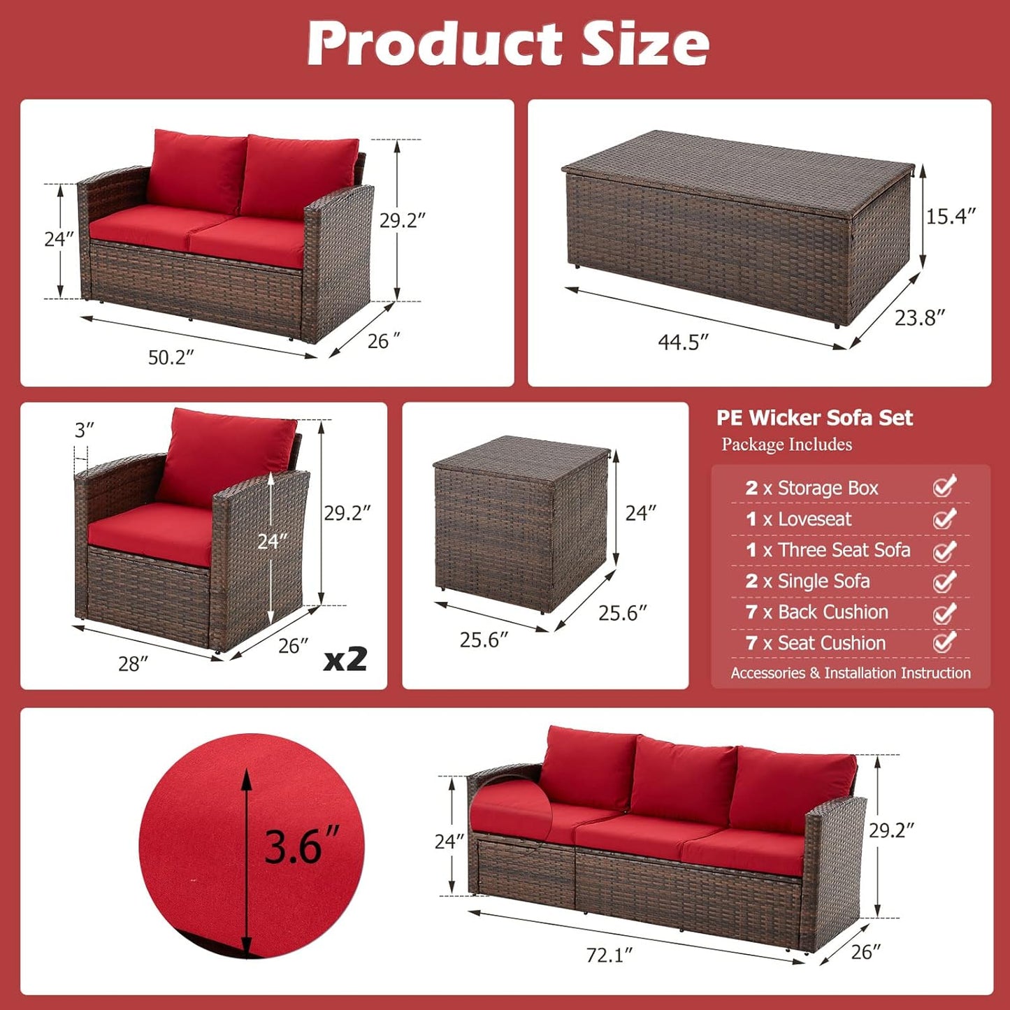 YODOLLA 7 Pieces Patio Furniture with Two Storage Boxes, Brown & Red