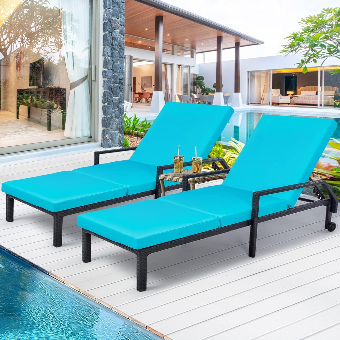 YODOLLA Outdoor Lounge Chairs, Black Rattan with Blue Cushion
