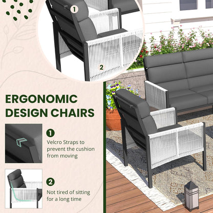 YODOLLA 4 Pieces Aluminum Patio Furniture Set with PE Rope Armrest, Dark Grey