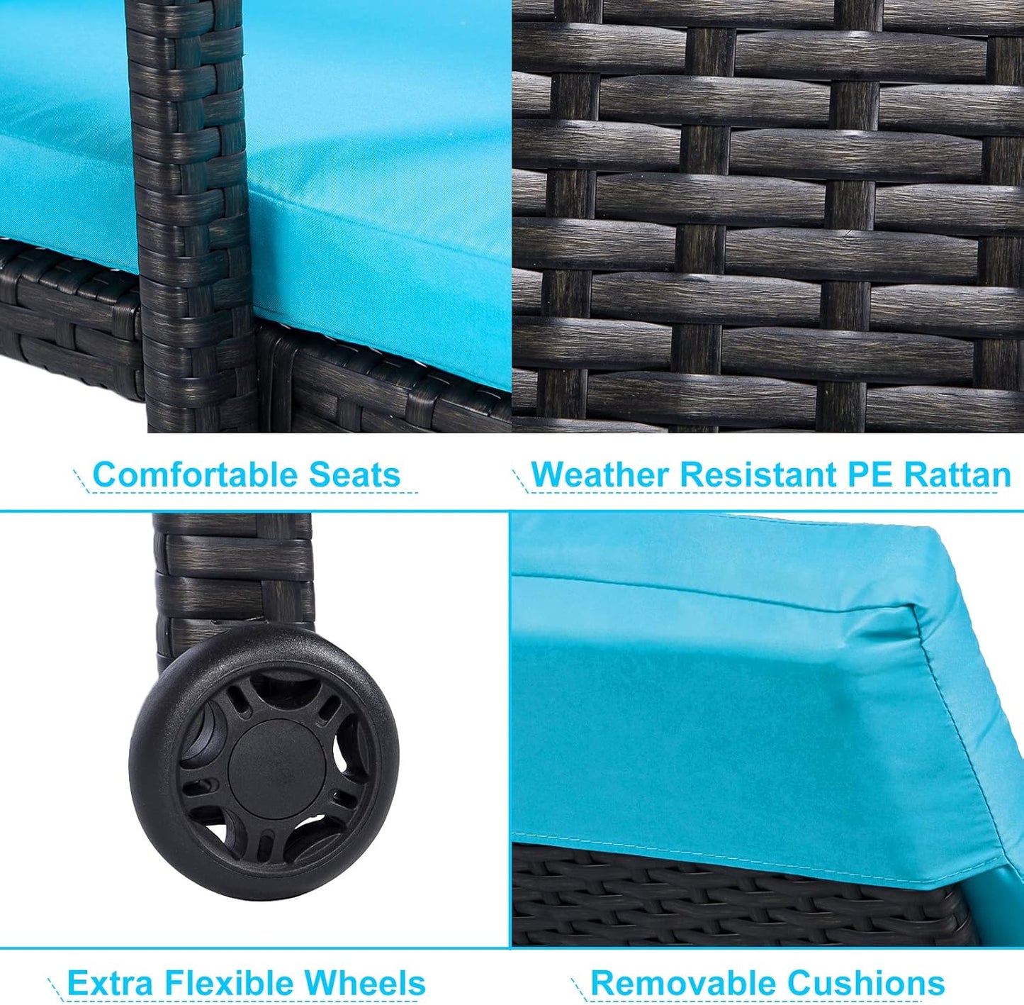 YODOLLA Outdoor Lounge Chairs, Black Rattan with Blue Cushion