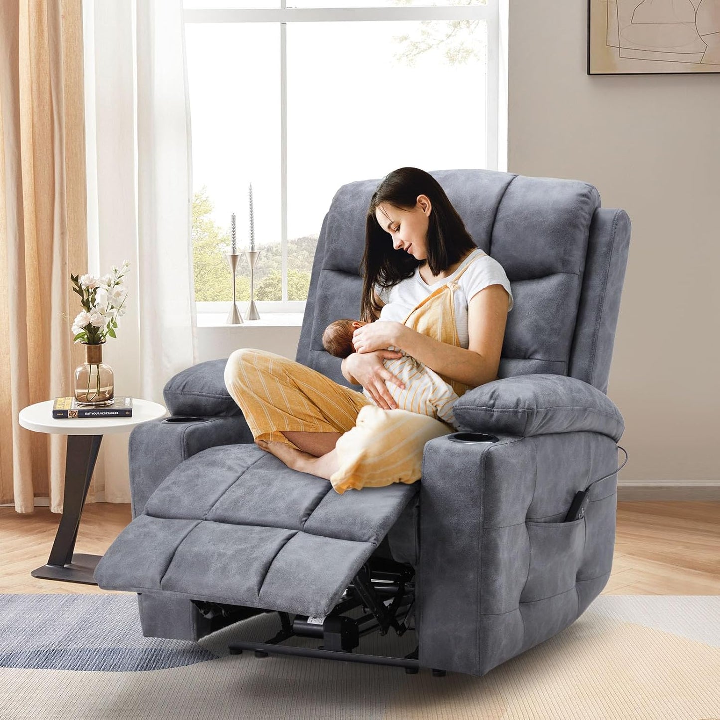 YODOLLA Wide Armrests Electric Recliner Nursery Chair, Faux Leather, Gray Blue