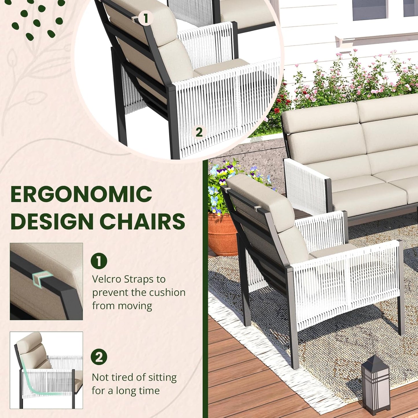 YODOLLA 4 Pieces Aluminum Patio Furniture Set with PE Rope Armrest, Beige