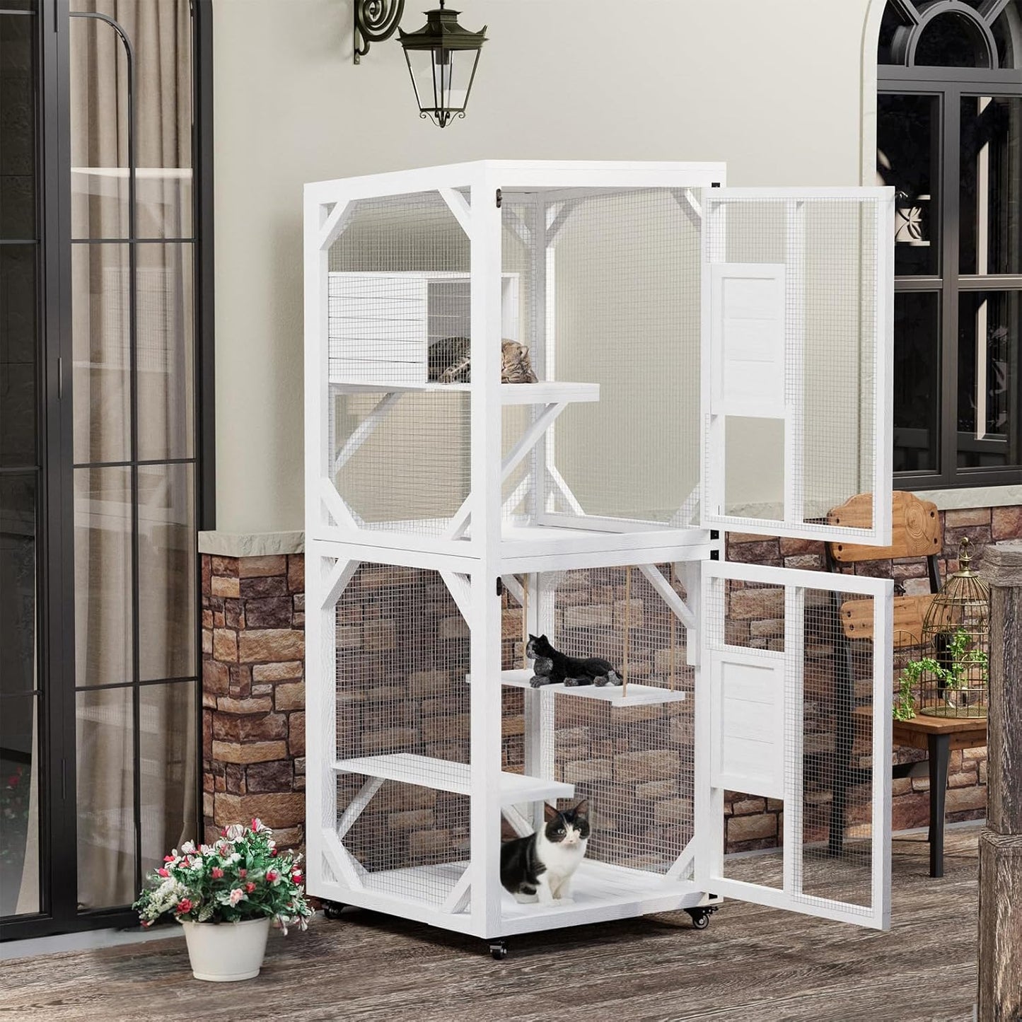 YODOLLA Outdoor Catio Enclosure with Hammock, Safe Play Space for Cats, White