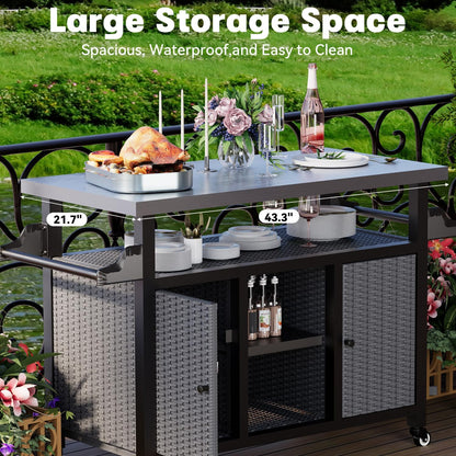 YODOLLA Rattan Outdoor Bar Cart with Wheels and Storage, Gray