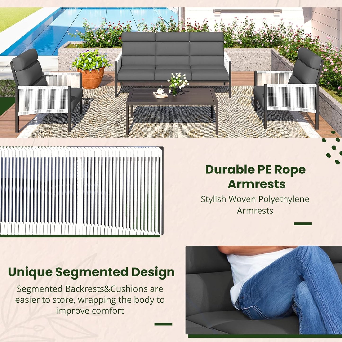 YODOLLA 4 Pieces Aluminum Patio Furniture Set with PE Rope Armrest, Dark Grey