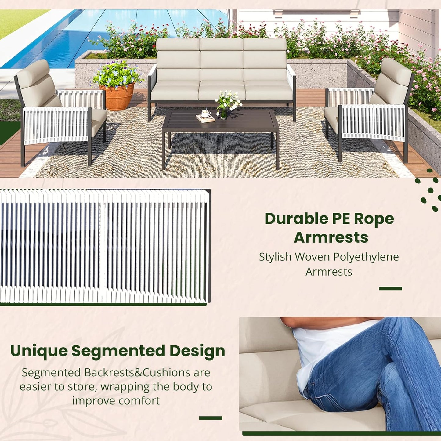 YODOLLA 4 Pieces Aluminum Patio Furniture Set with PE Rope Armrest, Beige