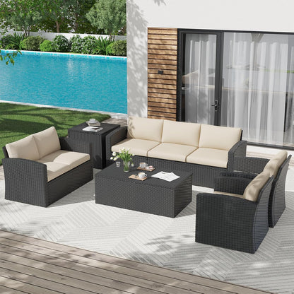 YODOLLA 7 PCS Outdoor Patio Furniture Sets with 2 Storage Boxes, Black & Beige