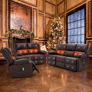 YODOLLA 3 PCS Recliner Sofa Set Overstuffed Leather Reclining Sofa, Brown