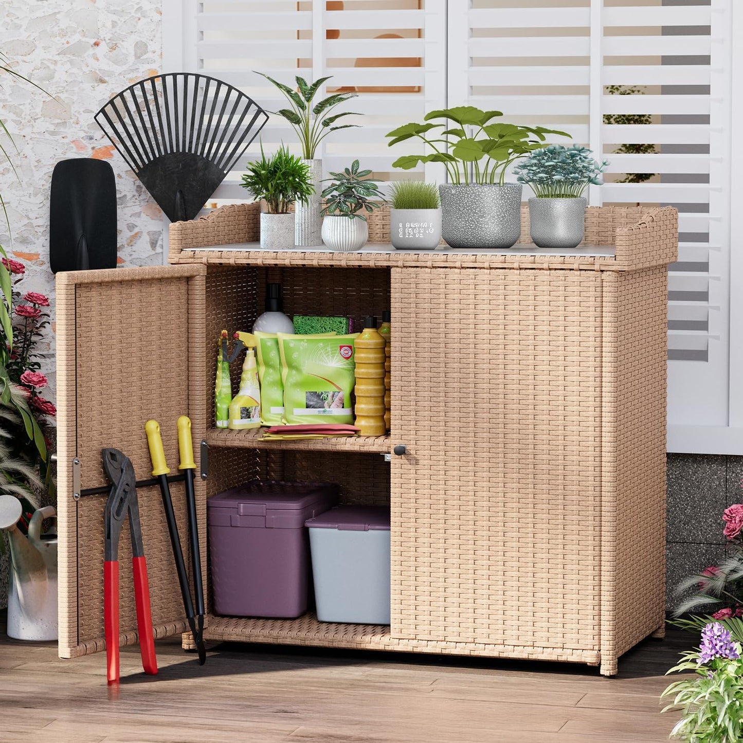 YODOLLA Outdoor Rattan Storage Cabinet, Waterproof, Beige