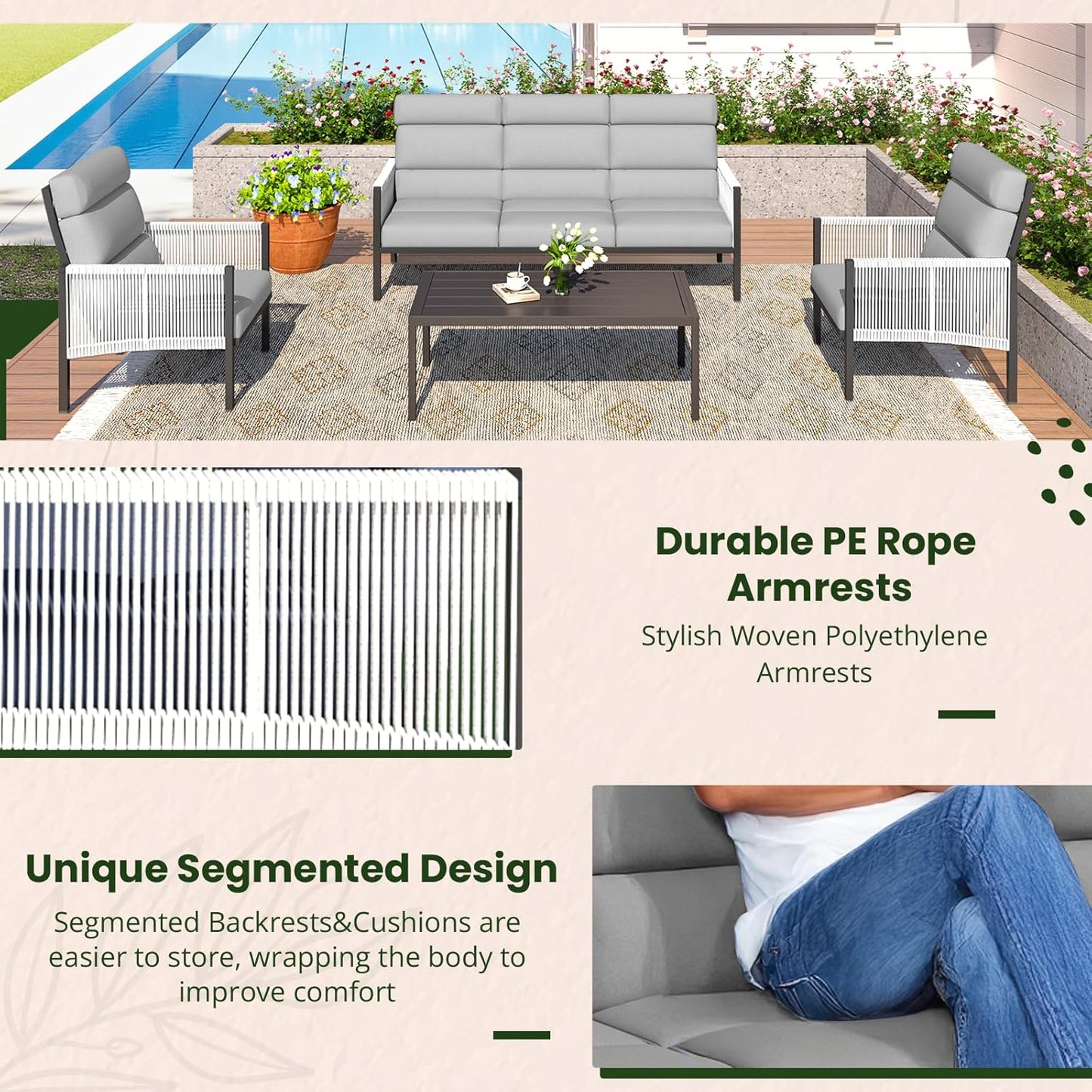 YODOLLA 4 Pieces Aluminum Patio Furniture Set with PE Rope Armrest, Light Grey