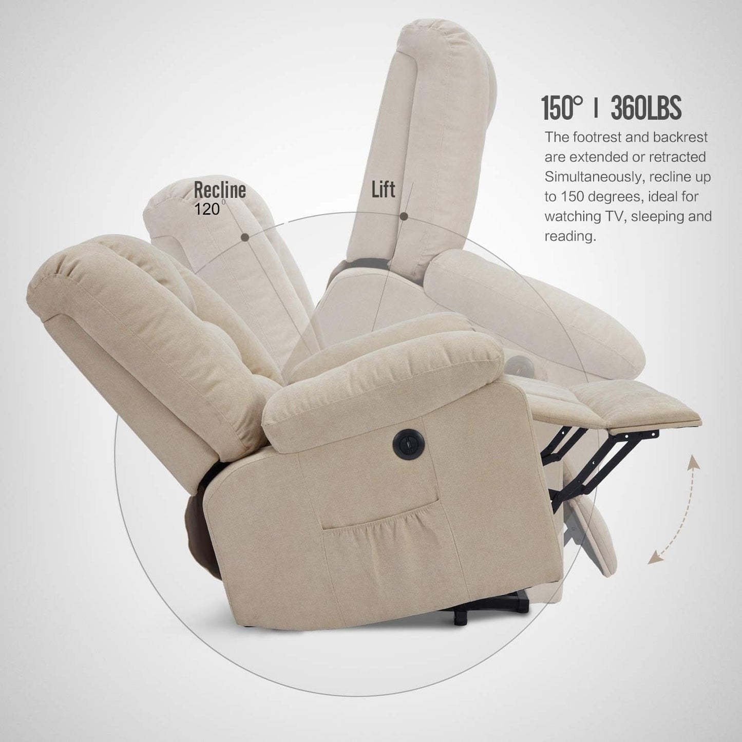 YODOLLA Massage Power Lift Recliner for Elderly, Electric Lift Chair, Textile, Beige