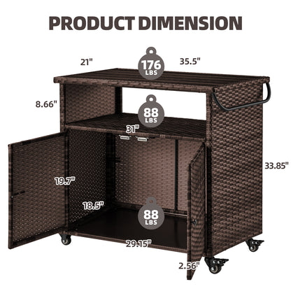 YODOLLA Outdoor Bar Cart, Patio Storage Grill Cart with Handles, Brown