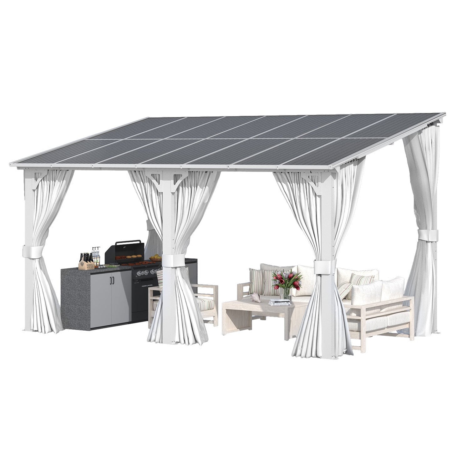 YODOLLA 14'x8' Outdoor Lean to Gazebo Pergola with Curtain and Netting for Patio, White