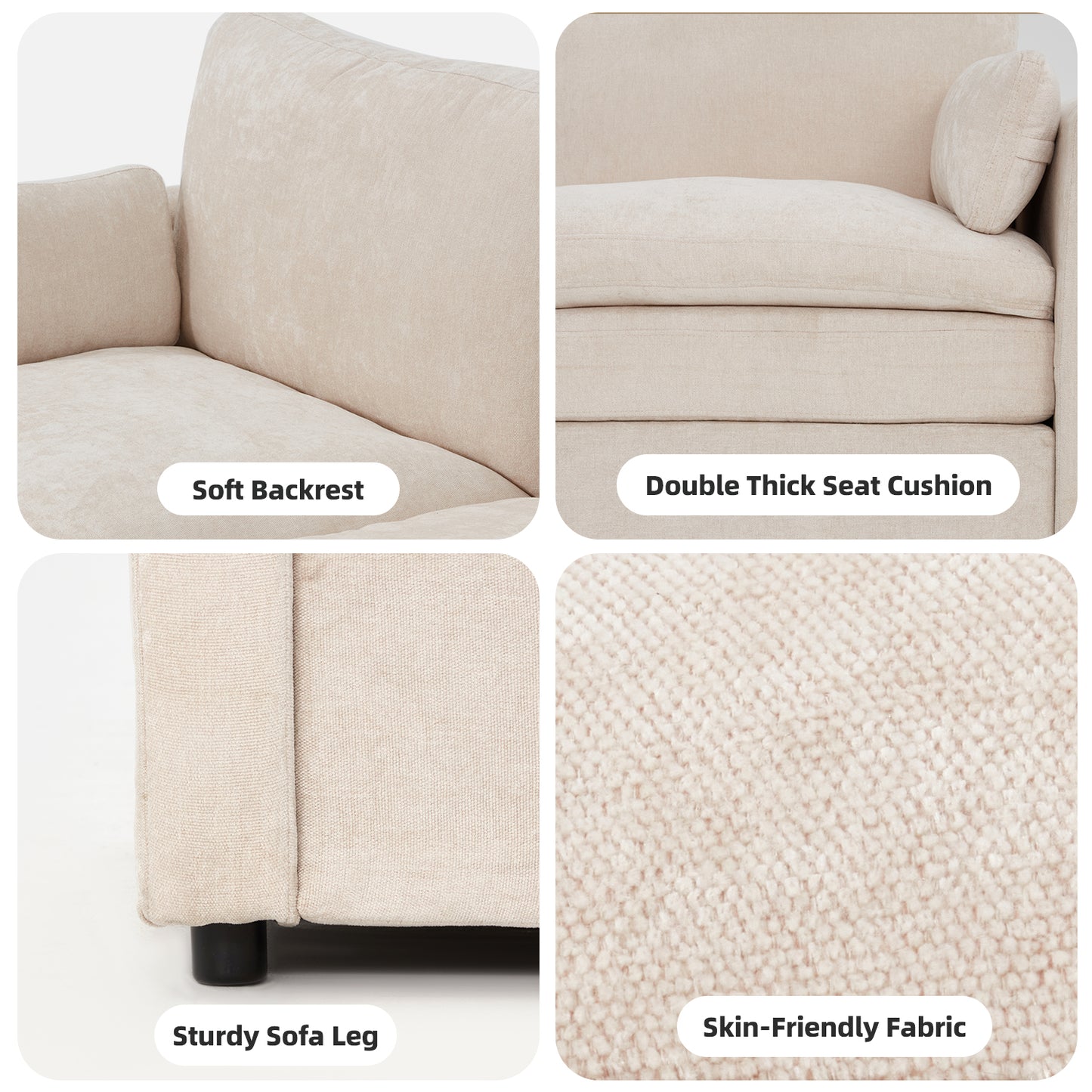 YODOLLA 89" Chenille Sofa, 3-Seater, 2 Removable Pillows, Cream White