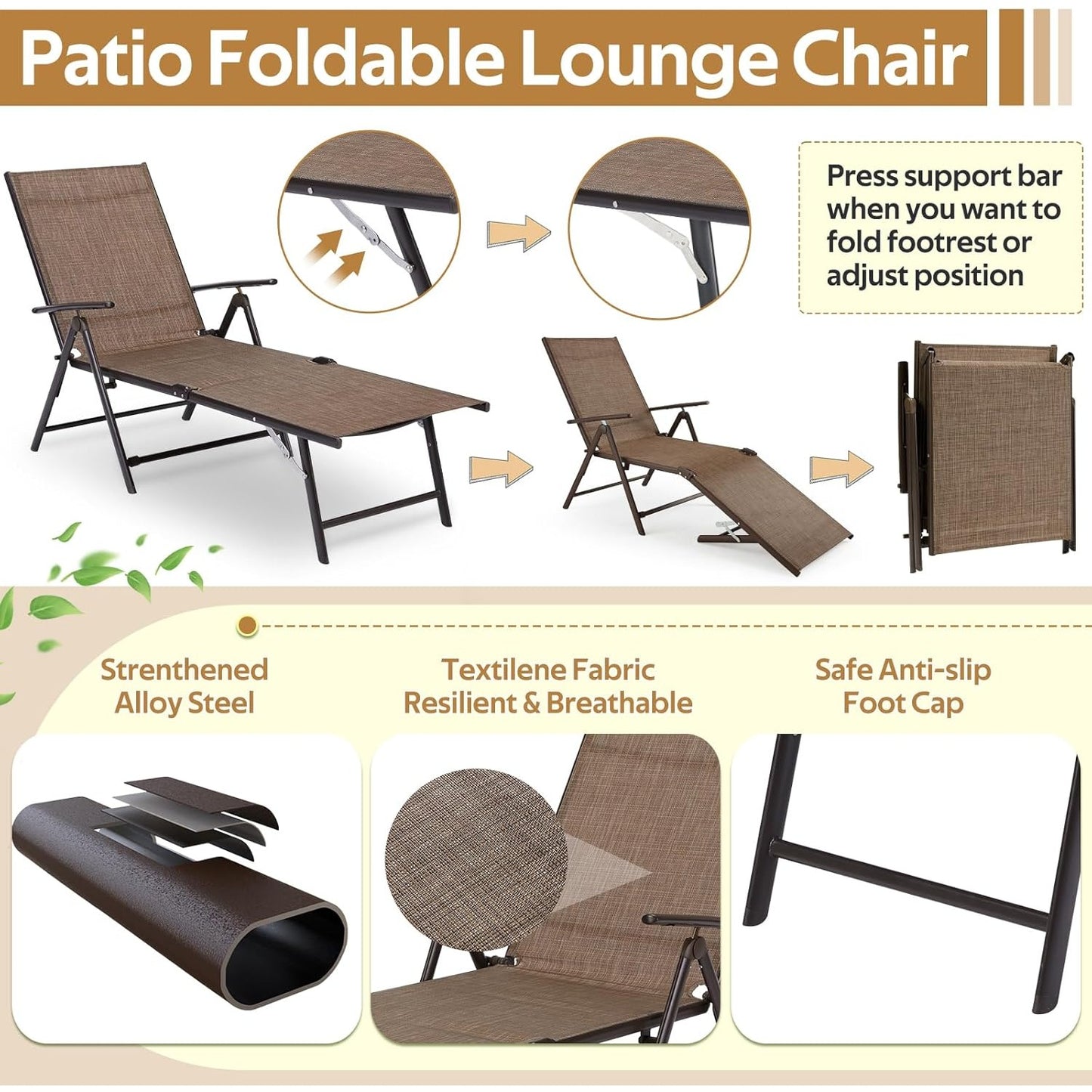 YODOLLA 7 Back & 2 Leg Adjustable Outdoor Chaise Lounge Chair, Brown