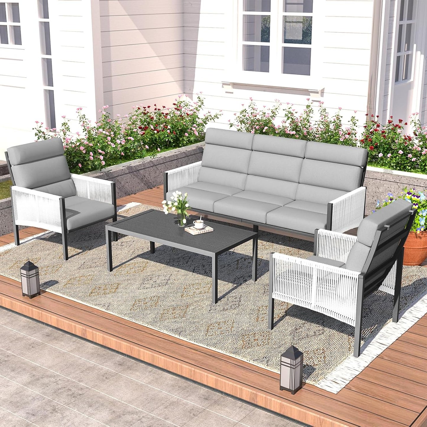 YODOLLA 4 Pieces Aluminum Patio Furniture Set with PE Rope Armrest, Light Grey