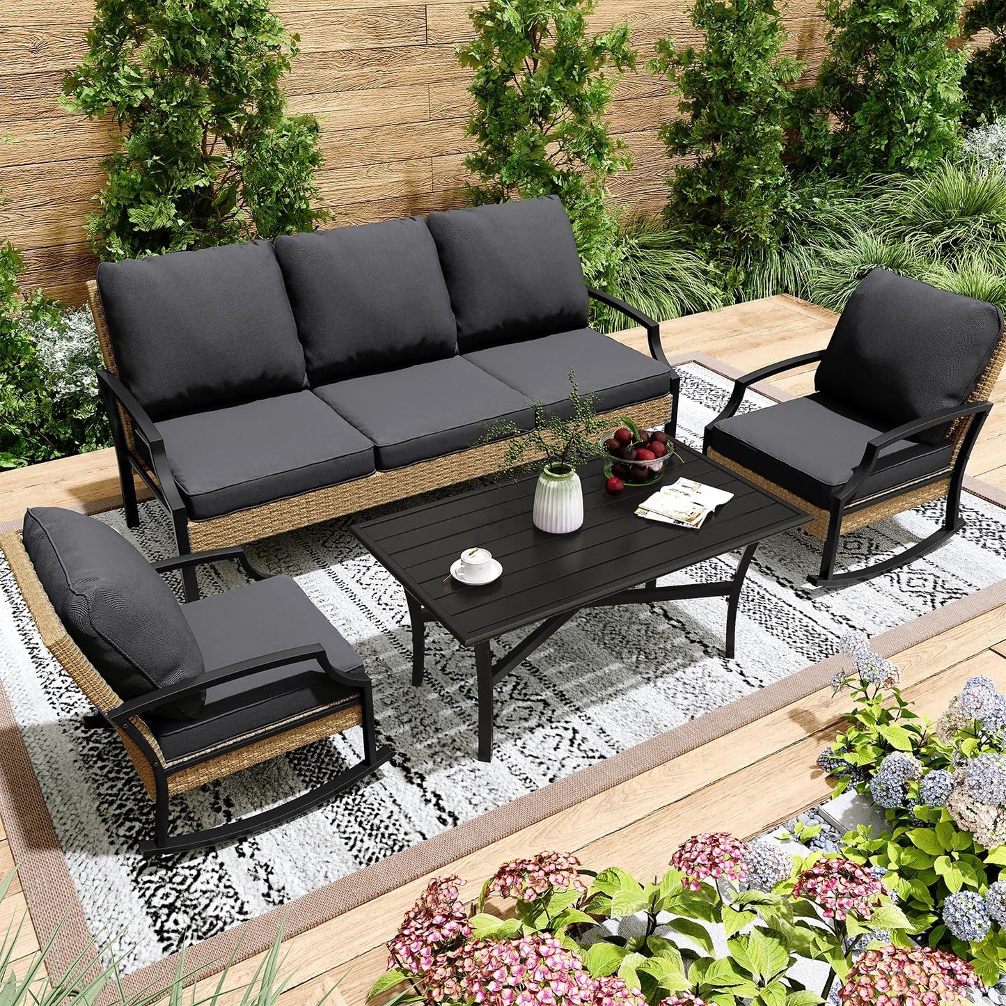 YODOLLA Outdoor Patio Furniture Set, 4 Piece Rattan Conversation Bistro Set with Coffee Table