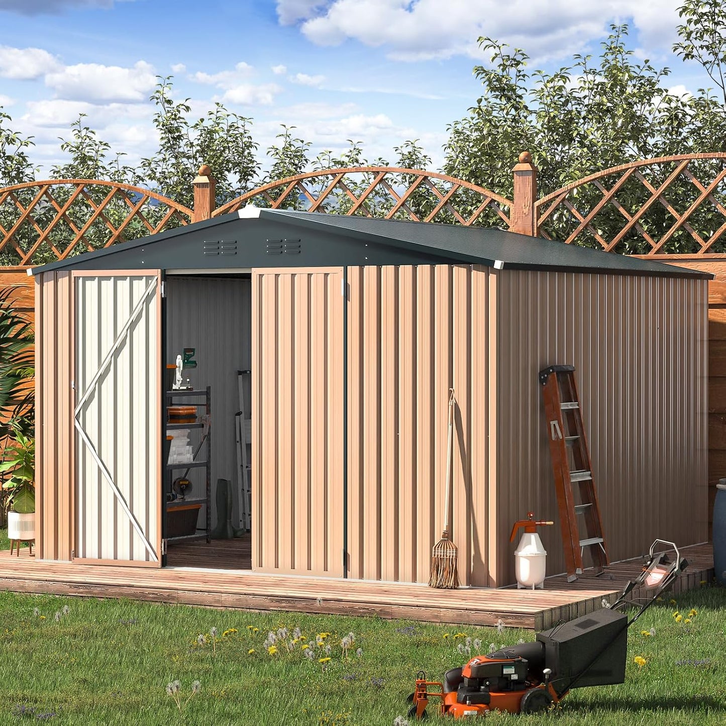 YODOLLA 10' x 10' Shed Outdoor Storage Shed with Lockable Doors, Grey
