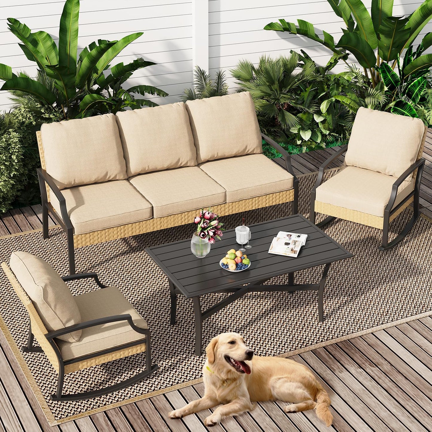YODOLLA Outdoor Patio Furniture Set, 4 Piece Rattan Conversation Bistro Set with Coffee Table