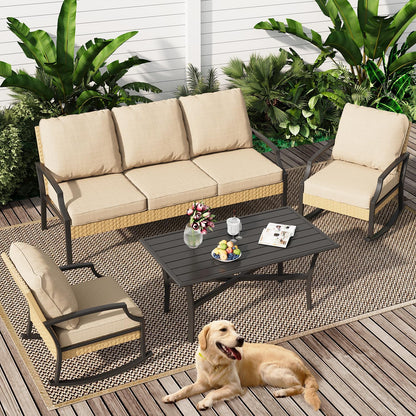 YODOLLA Outdoor Patio Furniture Set, 4 Piece Rattan Conversation Bistro Set with Coffee Table