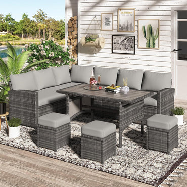 YODOLLA 7-Pc Patio Set, Grey Rattan & Grey Cushion
